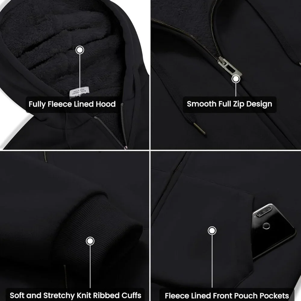Stylish Men's Full Zip Black Hoodie - Sherpa Lined for Extra Comfort, X-Large